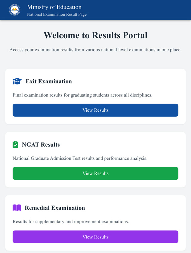Fuula bu'aa Ministeera Barnootaa; Exit Examination, NGAT Results fi Remedial Examination tokkoon tokkoon isaanii qabduu View Results qabatanii tarreeffamaniiru.