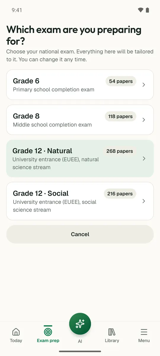 The Temari.et app asking which exam you are preparing for: Grade 6, Grade 8, Grade 12 natural science or Grade 12 social science.