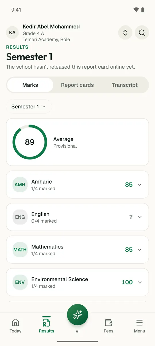 A parent's results screen in the Temari.et app, showing a Grade 4 child's mark in each subject and the average.