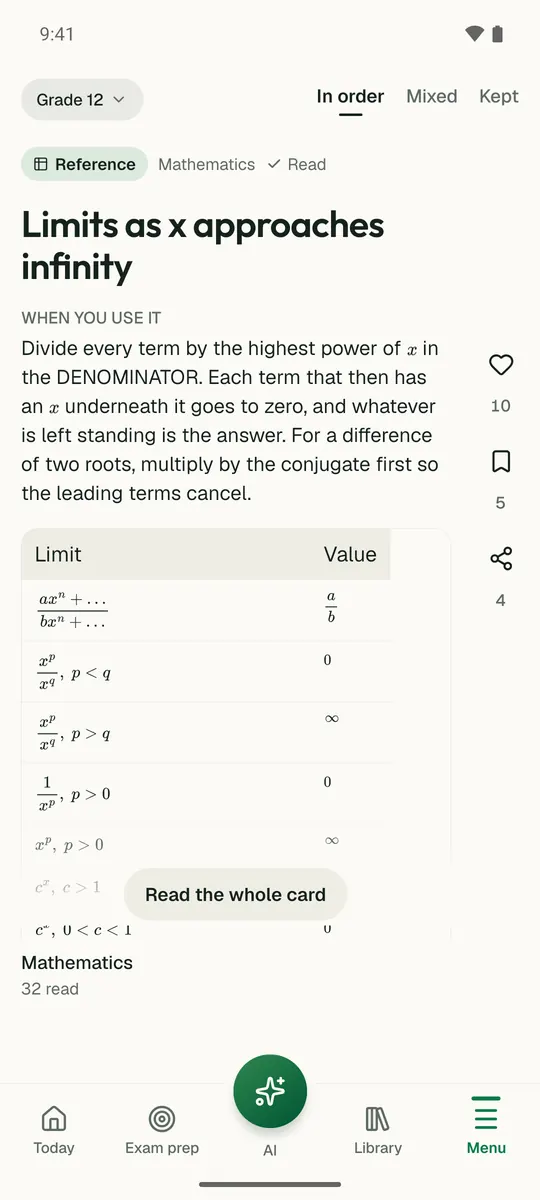 A Grade 12 Mathematics revision card about limits in the study feed of the Temari.et app.