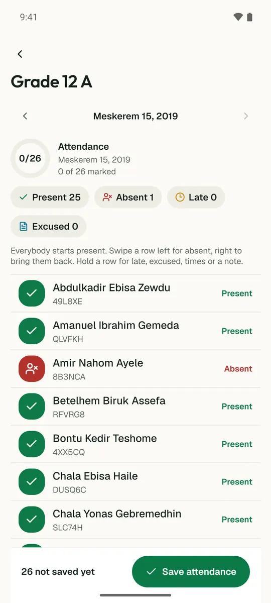 A teacher taking the attendance register of Grade 12 A in the Temari.et app, with one student marked absent.