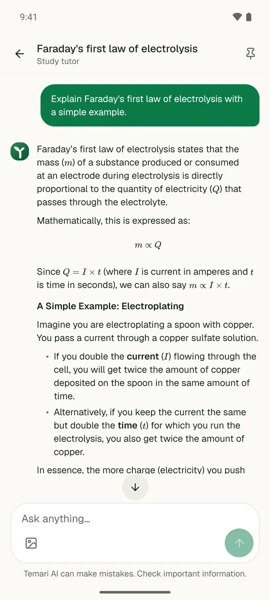 Temari AI in the Temari.et app explaining Faraday's first law of electrolysis with its formulas.