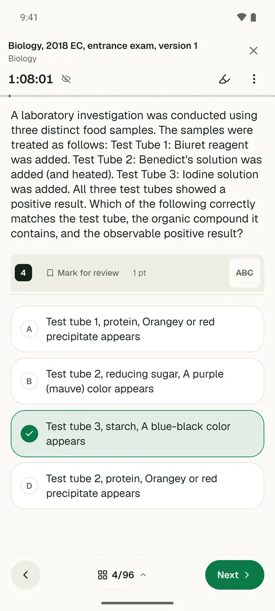 A Grade 12 Biology entrance exam open in the Temari.et app in exam mode, with the clock running and one answer chosen.